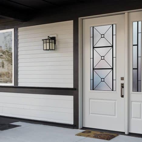 white maisonite exterior with fiberglass panel and square rods belleville