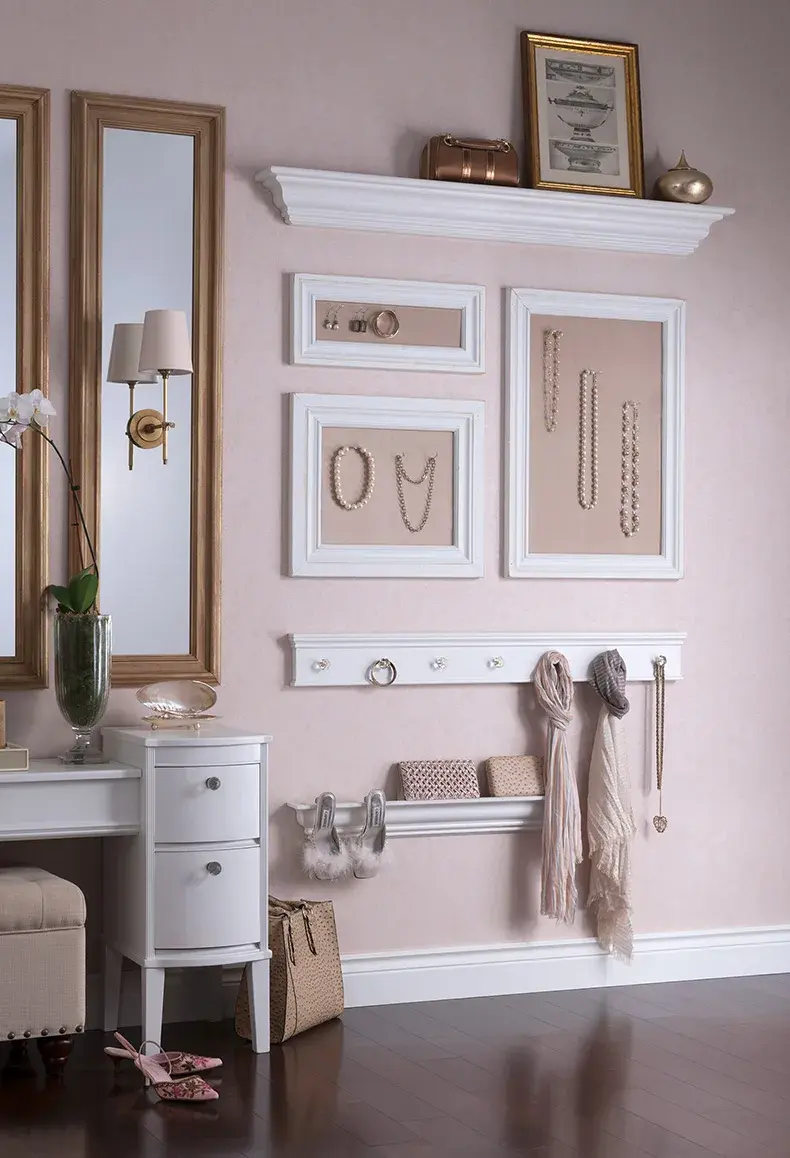 Accessory storage and shelves with mouldings