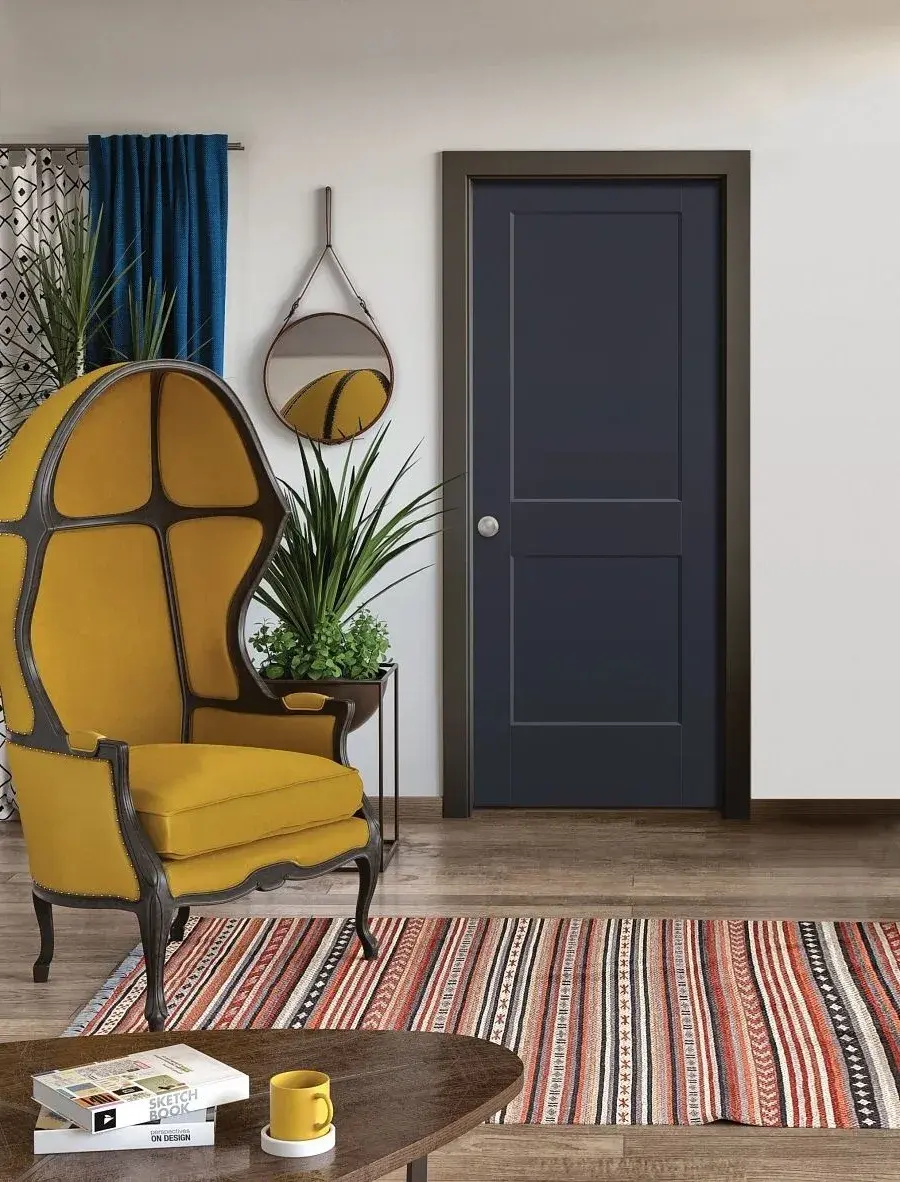 Masonite - Logan - Two Panel Black Door in Living Room with Yellow Chair