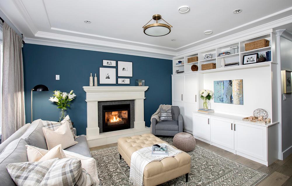 For Blog Only - Jillian Harris, Love It or List It Vancouver - Blue Wall and Fireplace Living Room