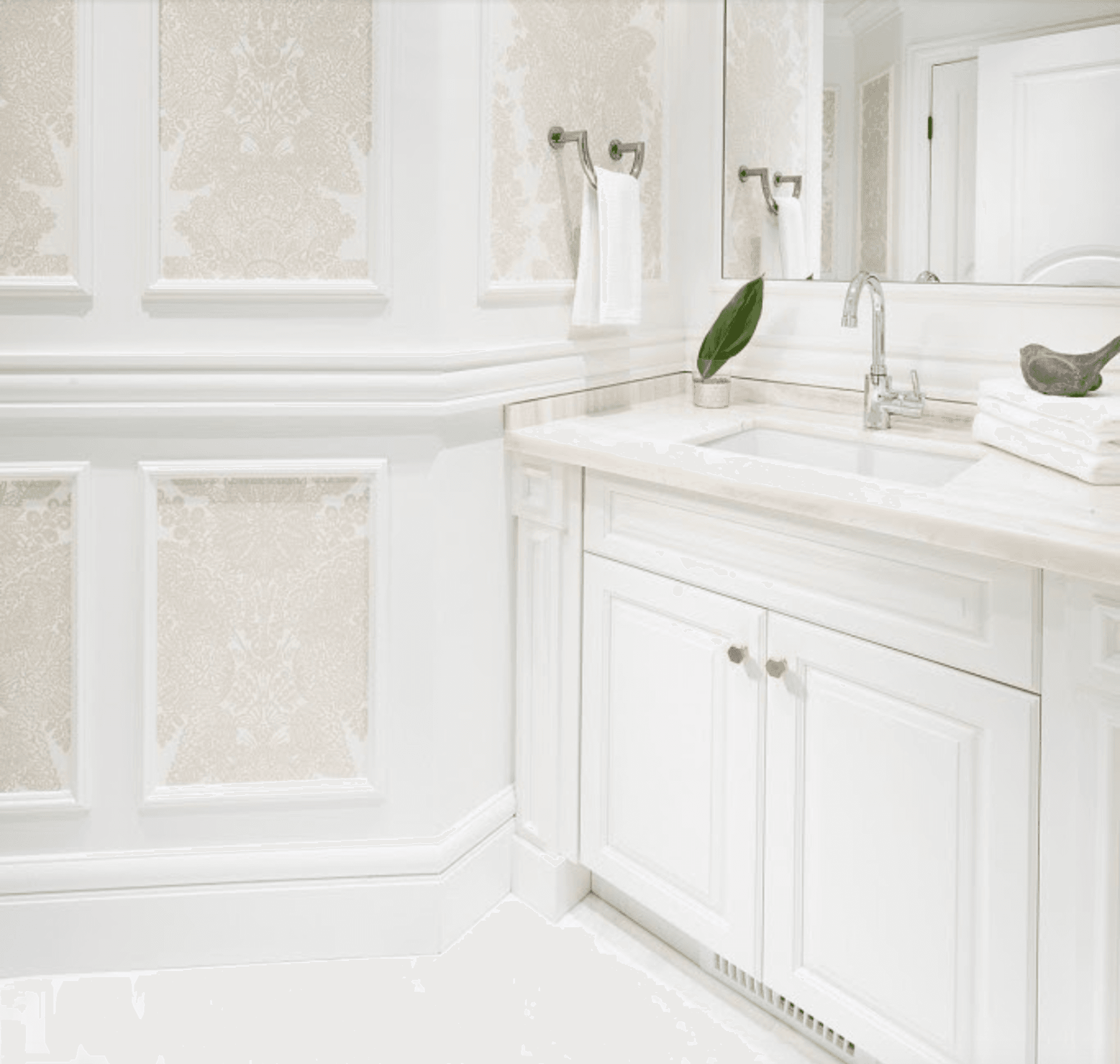 For Blog Only - Karin Bohn, House of Bohn - White Wallpaper and Chair Rail Bathroom