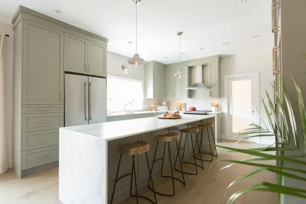 For Blog Only - Jillian Harris, Love It or List It Vancouver - Pastel Green Kitchen with Stepped Crown